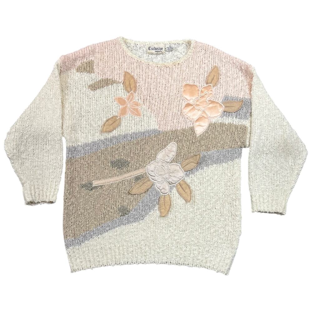 Vintage 80s 90s Floral Appliqué Knit Sweater Cream Pastel Exclusive Imports - L